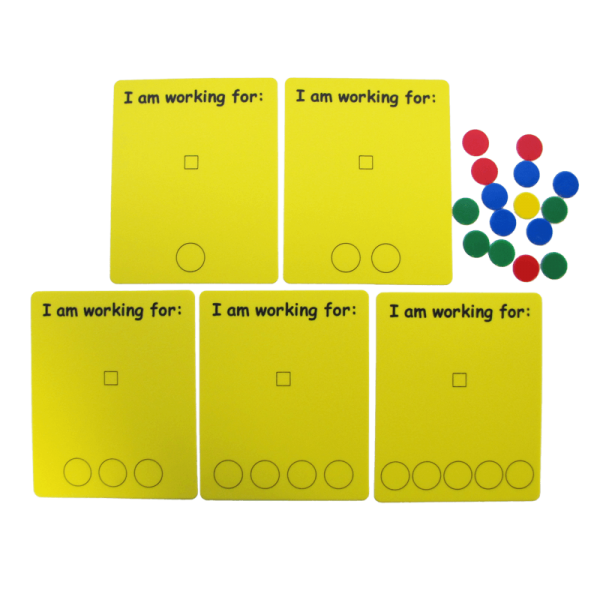 Set of 5 yellow plastic sheets used as visual aids to reinforce focus. Each card has a space for a reinforcer to be placed at the top and the space at the bottom for 1 to 5 counters.