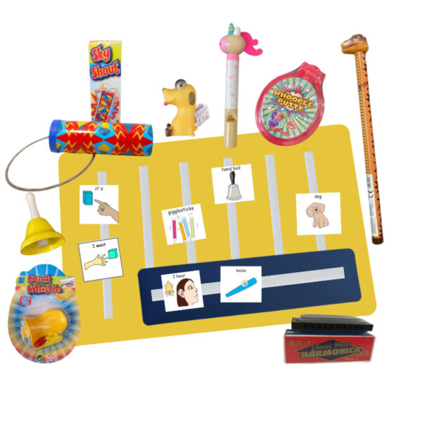 yellow plastic A4 sheet with PECS symbols fastened to it surrounded by 9 audio sensory toys