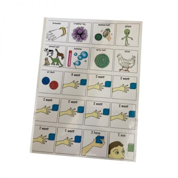 laminated sheet of symbols for each of the toys in the PECS communication visual toy pack