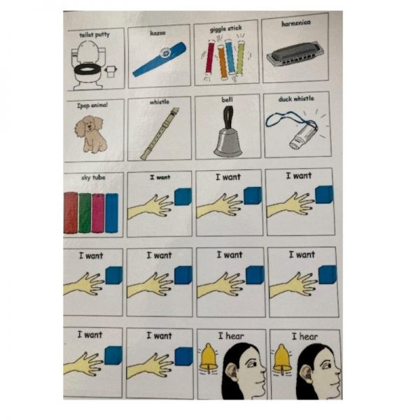 laminated sheet of symbols for each of the toys in the PECS communication audio toy pack