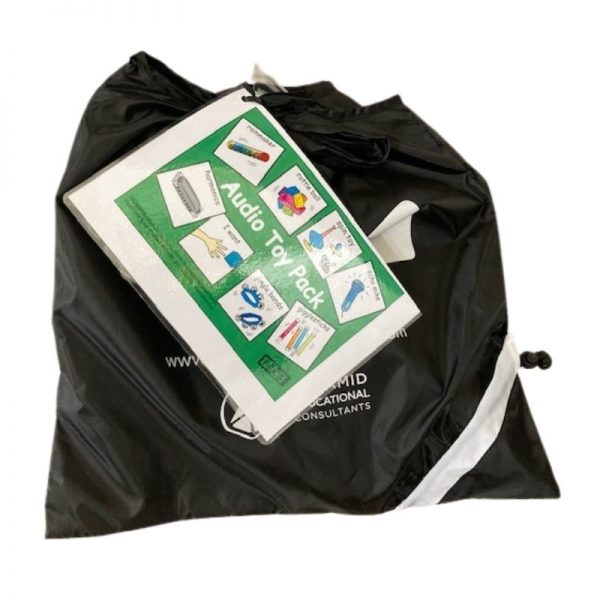black bag containg toys for the PECS communication system audio toy pack