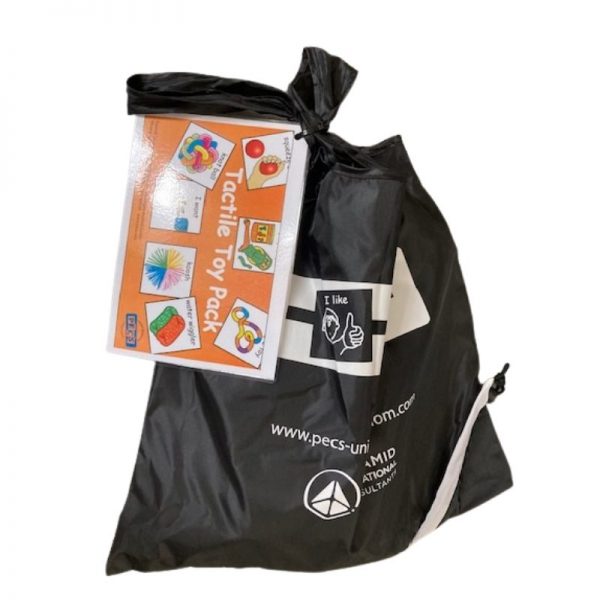 black bag containg tactile toys for the PECS communication system tactile toy pack