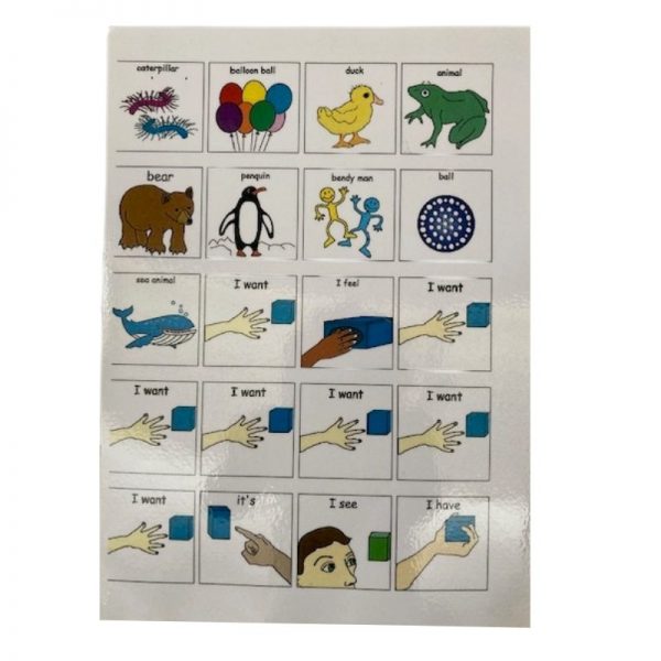 laminated sheet of symbols for each of the toys in the PECS communication tactile toy pack