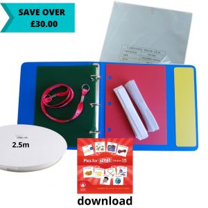 Plastic binder with coloured insert pages, a roll of hook and loop fasting and a picture ofa dowloadable collection of symbols for PECS users