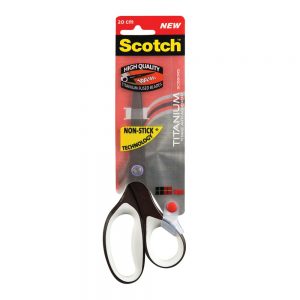 Non-stick titanium scissord for cutting adhesives like sticky tape made by Scotch, packaged in a blister pack