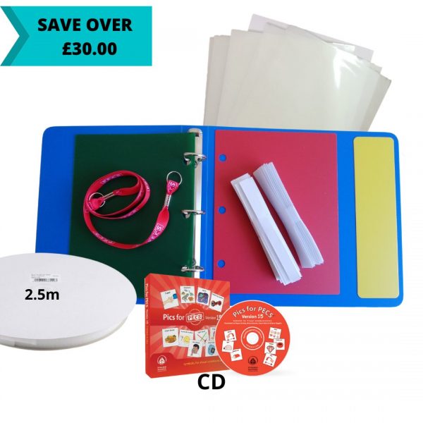 PECS plastic binder with laminating pouches, velcro nd a CD of PECS images