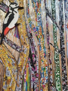 a collage of a woodpecker amongst some trees, the woodpecker is top left of the picture