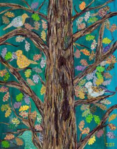 a collage depicting a tree with lots of colourful birds