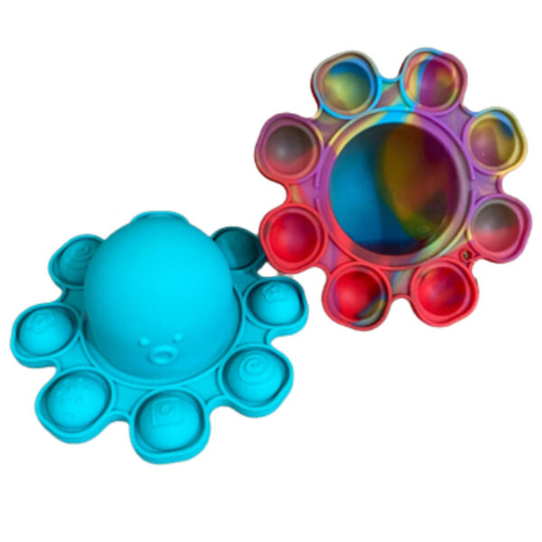 Octopus popper made from silicon, views of both the top and underneath