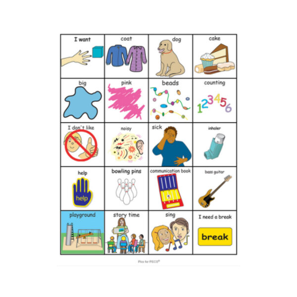 4 x 5 grid of PECS symbols for the Picture Exchange Communication System : symbols are 'I want', 'coat', 'dog', 'cake', 'big', 'pink', 'beads', 'counting', 'I don't like', 'noisy', 'sick', 'inhaler', 'help', 'bowling pins, 'communication book', 'bass guitar', 'playground', 'story time', 'sing', 'I need a break'