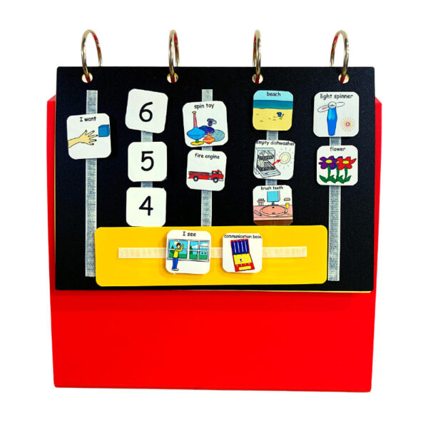 Front view of the PECS activity binder used for the Picture Exchange Communication System